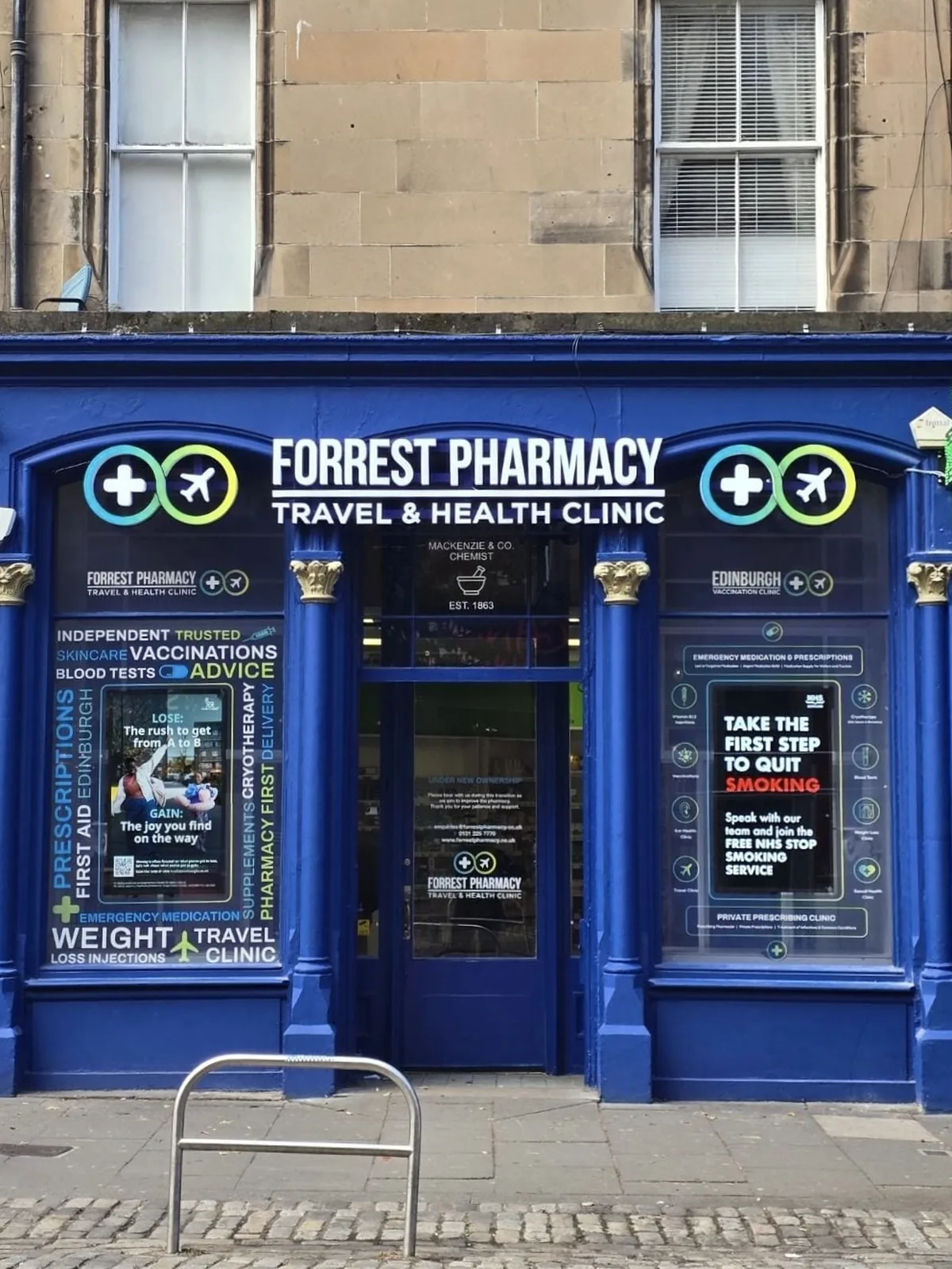 The Forrest Pharmacy & Travel and Health Clinic shopfront at 45 Forrest Road, Edinburgh