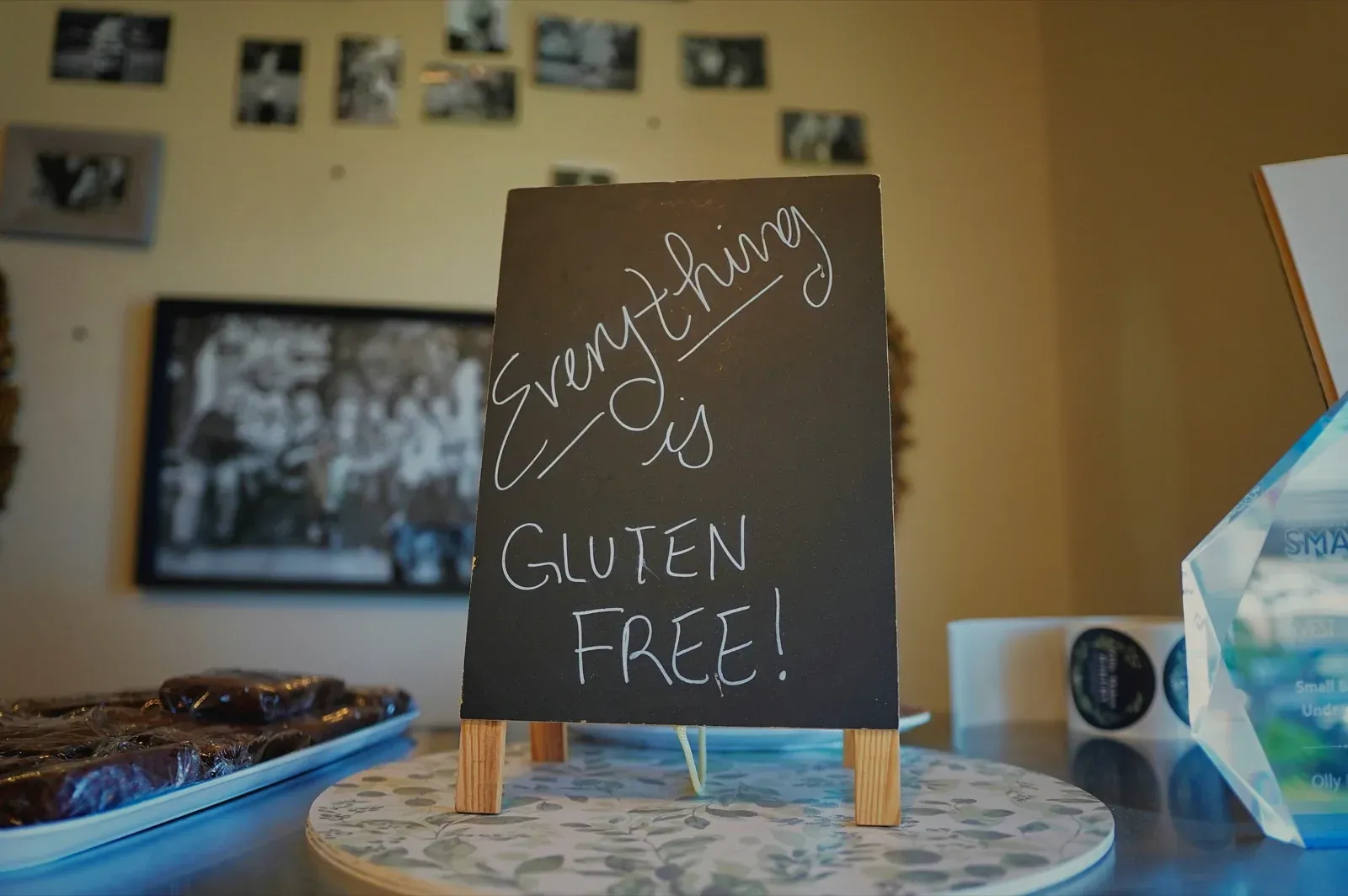 A sign that is sitting on a table