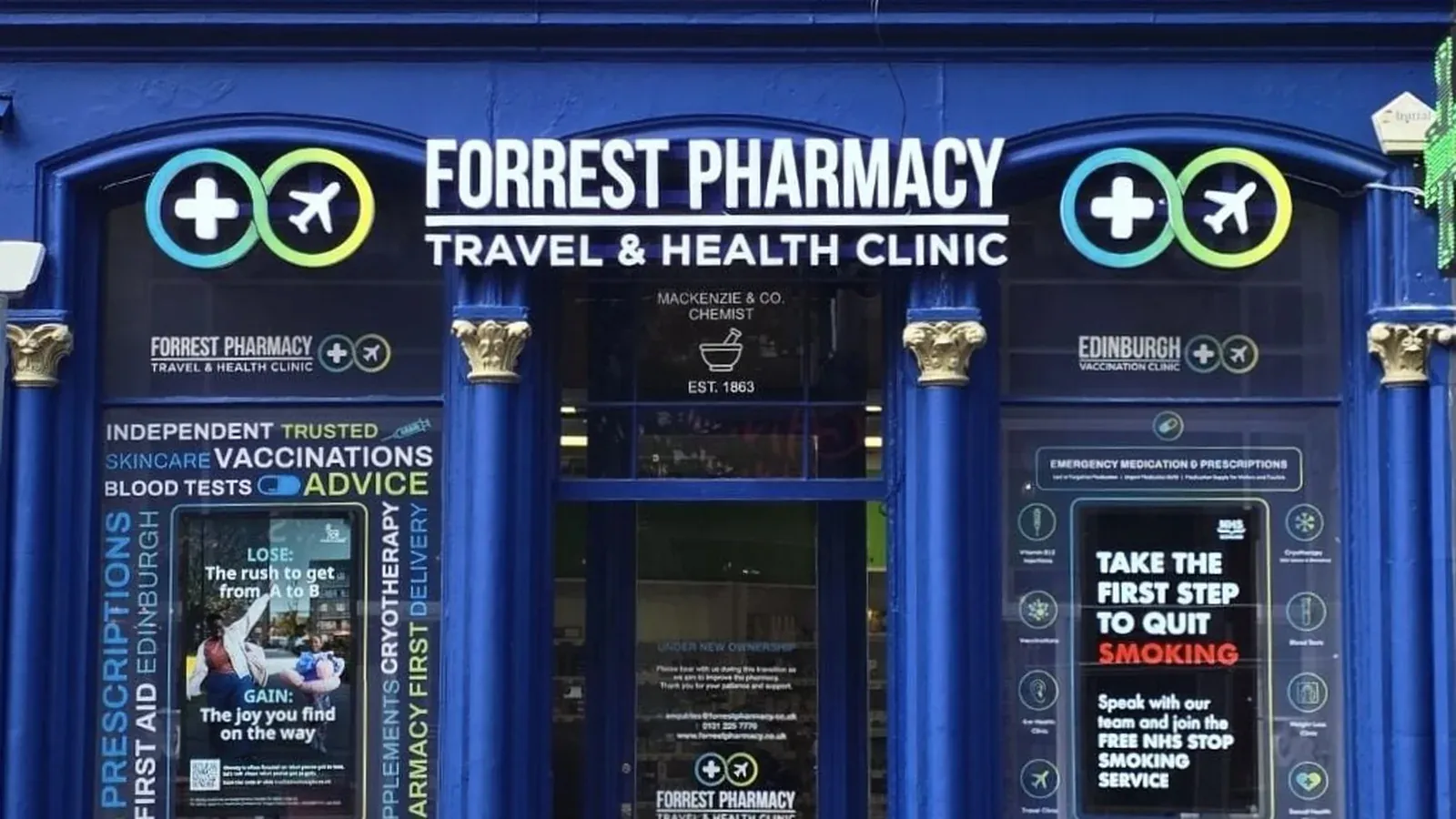 The Forrest Pharmacy & Travel and Health Clinic shopfront on Forrest Road, Edinburgh